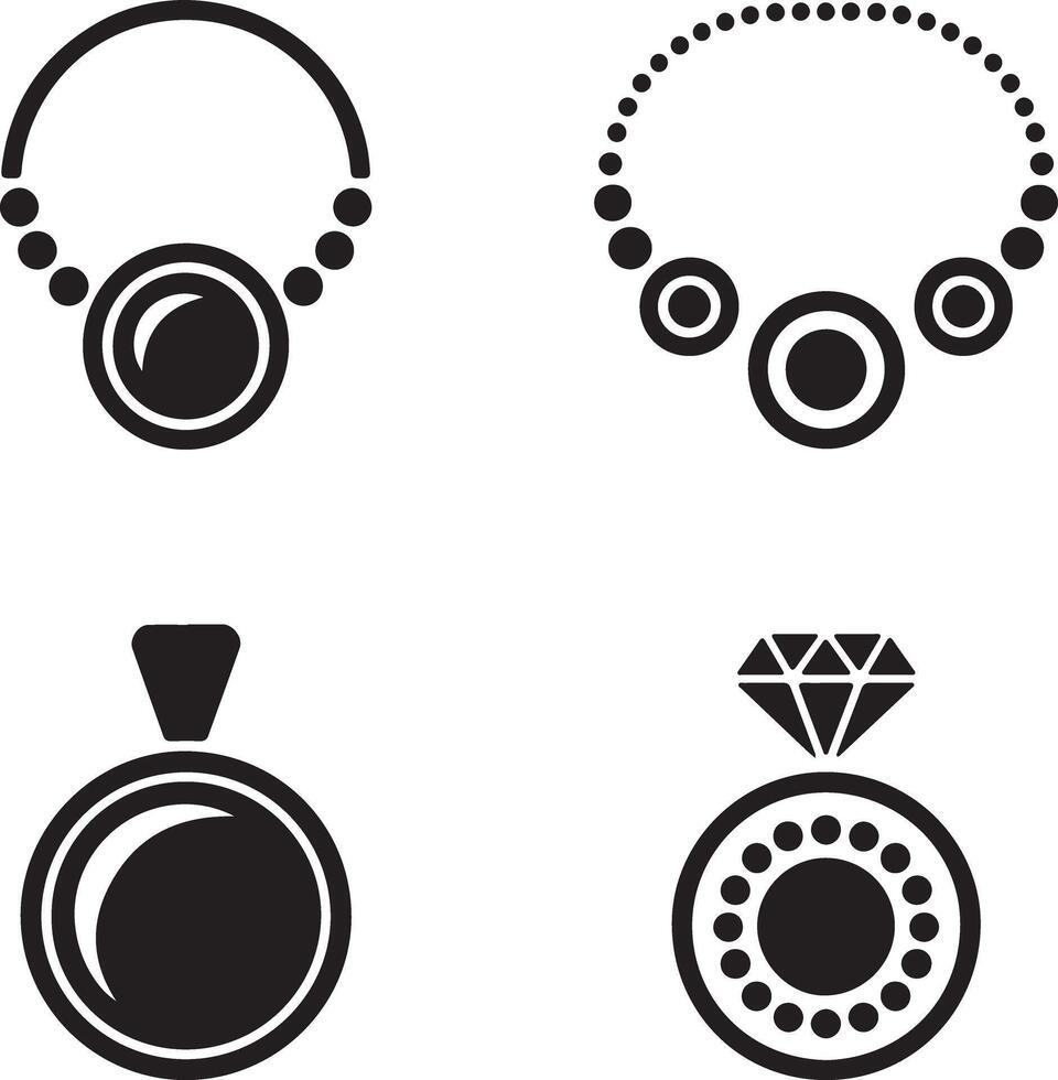 Four Black and White Silhouette Jewelry Icons Set Necklace Pendant Diamond Ring Circular Design Elements vector