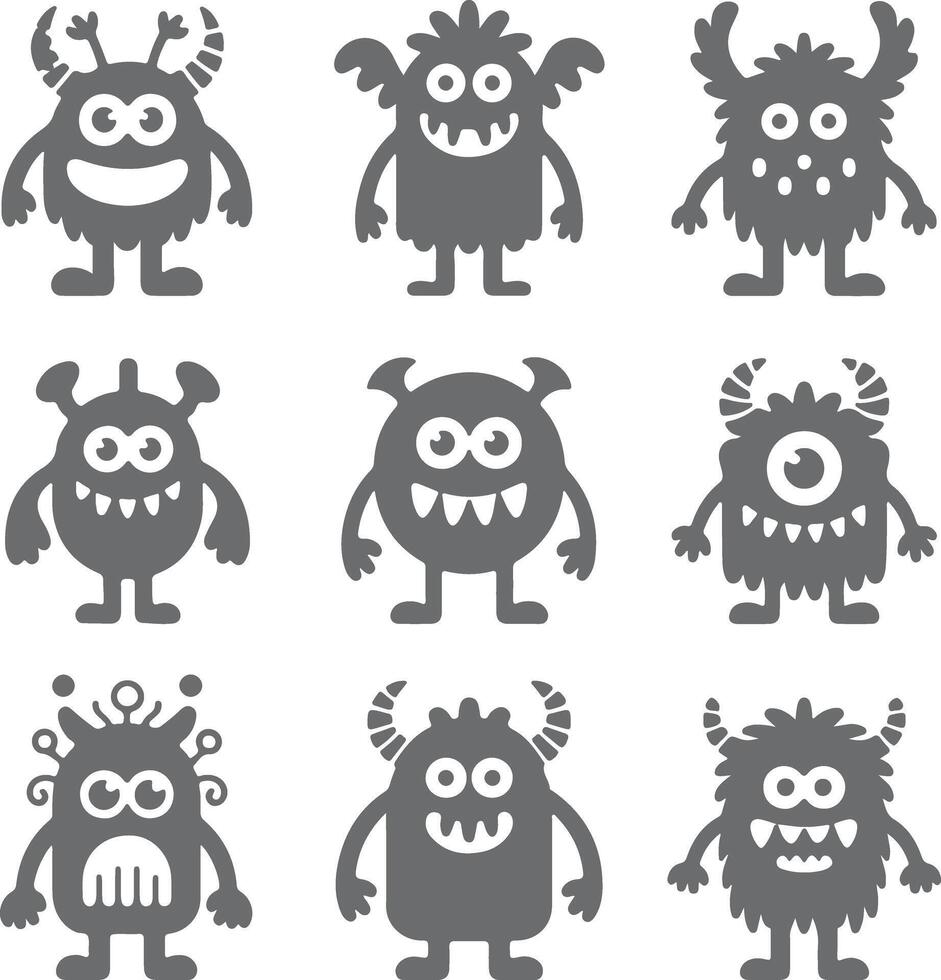 Nine Gray Cartoon Monster Silhouettes with Various Features Smiling Faces and Unique Body Shapes Set of Cute Friendly Characters for Kids Design vector