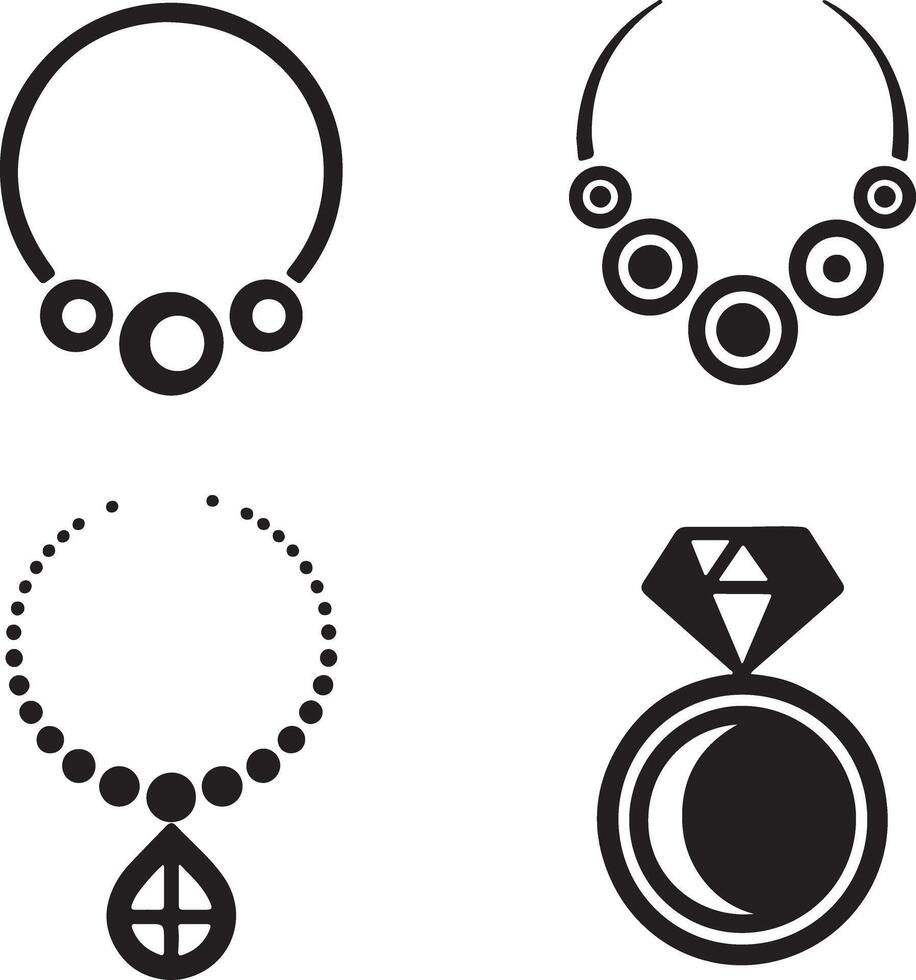 Four Black Silhouette Jewelry Designs Necklace Pendant Ring Elegant Minimalist Style Icons Graphics vector
