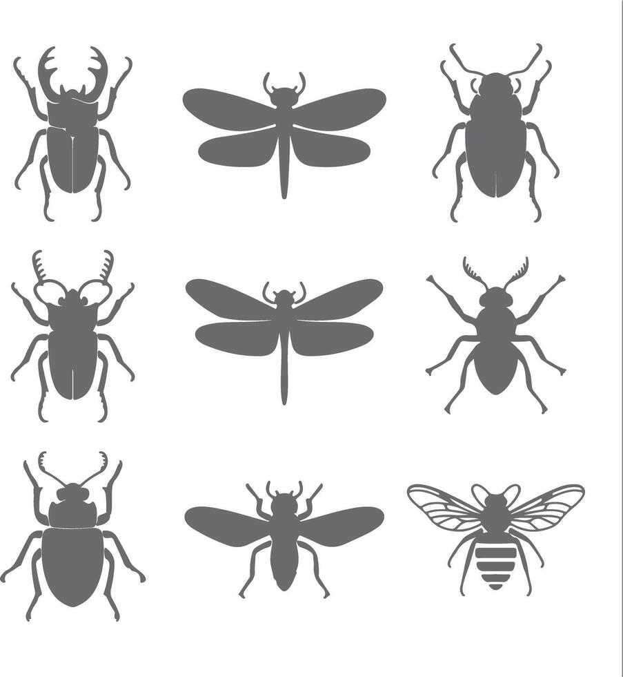 Nine Gray Insect Silhouettes Stag Beetle Dragonfly and Bee Illustrations Nature Collection vector