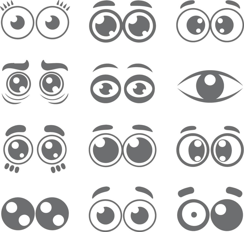 Twelve Gray Cartoon Eye Silhouettes Various Expressions Set Simple Flat Design Elements for Animation or Game Design Cute and Funny Eyes Icons vector