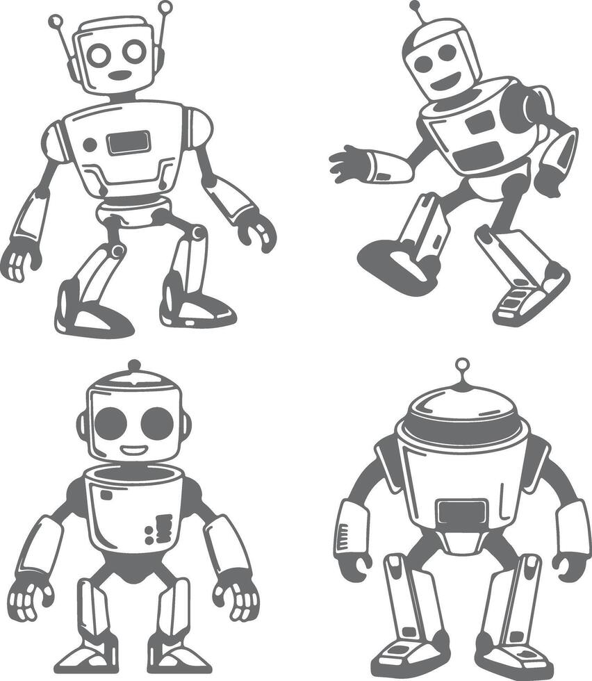 Four Grey Silhouette Robots Cartoon Style Illustrations Set Digital Download Printable Graphic Design Elements vector