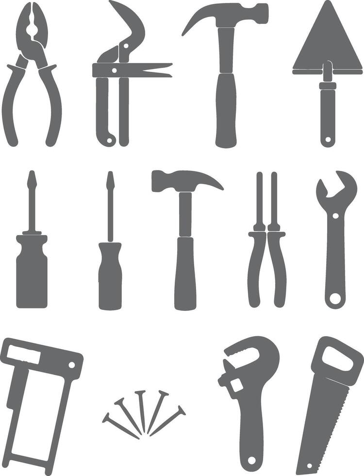 Collection of Gray Silhouette Tool Icons Including Hammers Pliers Screwdrivers Wrenches and a Saw Nails and Trowel vector