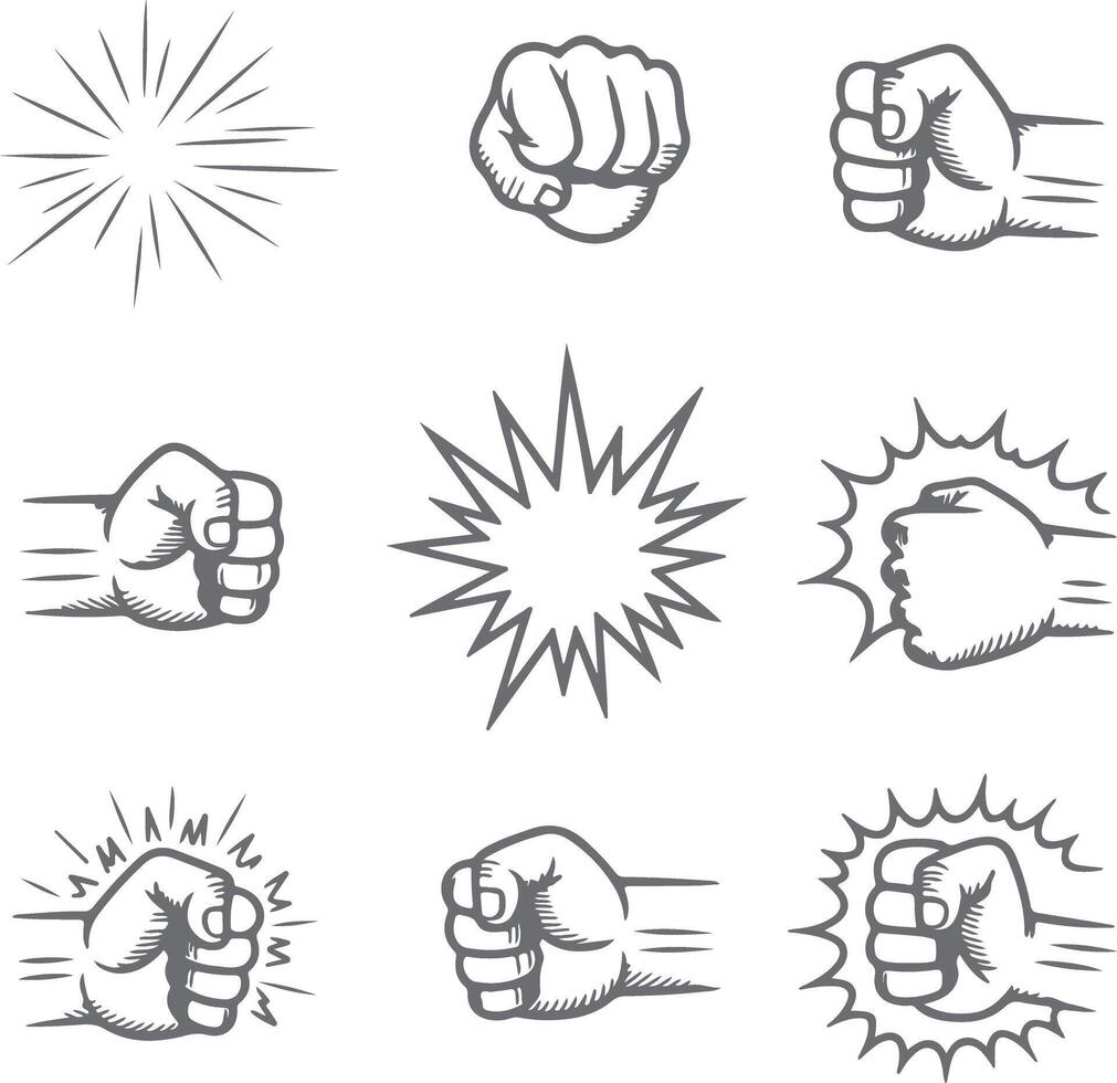 Nine Gray Scale Hand Fist Silhouette Illustrations Impact Burst Effect Comic Style Design Elements vector
