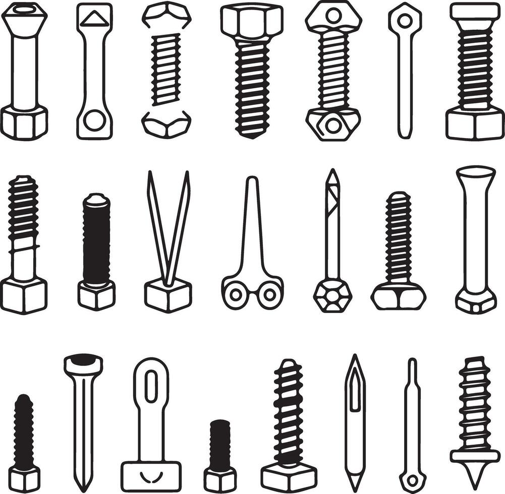 Collection of Black and White Line Drawings of Various Bolts Screws Nuts and Fasteners Isolated on White Background Silhouette Style Hardware vector