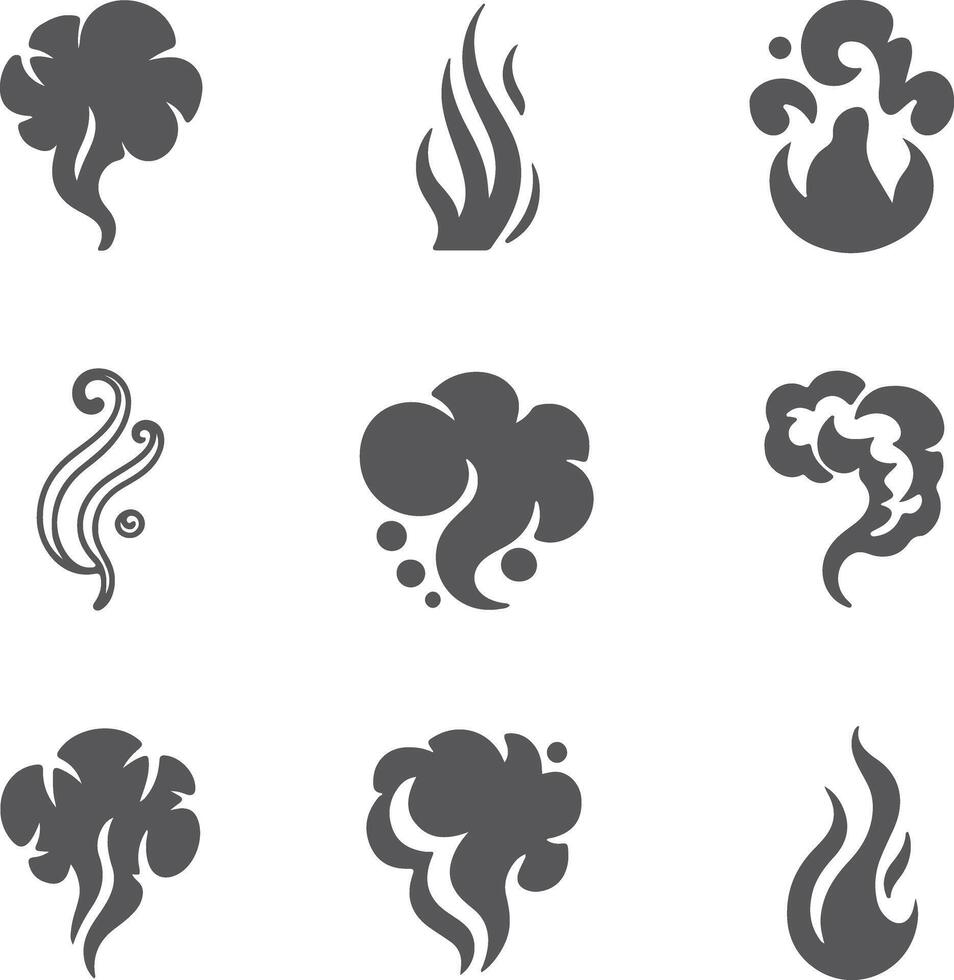 Nine stylized grayscale smoke and fire silhouettes illustrations abstract design elements various shapes swirling forms cloud puff flame icons vector