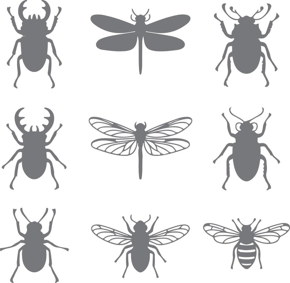 Nine Gray Insect Silhouettes Stag Beetle Dragonfly and Bee Illustrations Nature Collection 1 vector