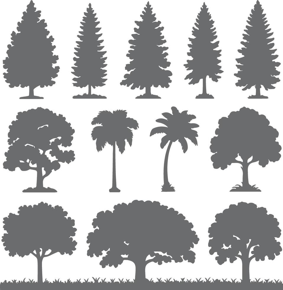 Collection of Gray Tree Silhouettes Various Types Coniferous Deciduous Palm Trees Isolated on White Background Simple Flat Design Illustration vector