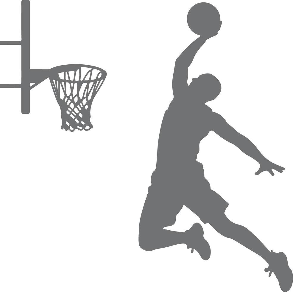 Gray Silhouette of Basketball Player Dunking Ball into Hoop on White Background Sports Action Silhouette Graphic Design vector