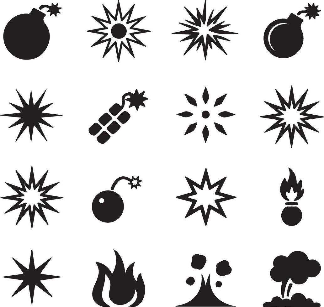 Collection of Black Silhouette Icons Depicting Explosions Bombs and Fire Various Starburst Shapes and Fire Symbols Included vector