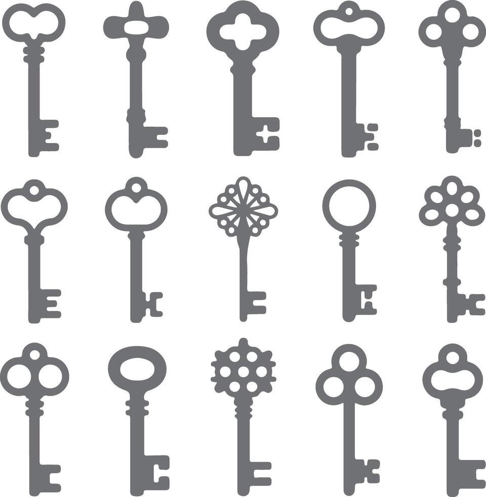 Fifteen Gray Silhouette Keys Antique Style Key Icons Set Illustration Different Shapes Ornate Key Designs Collection vector