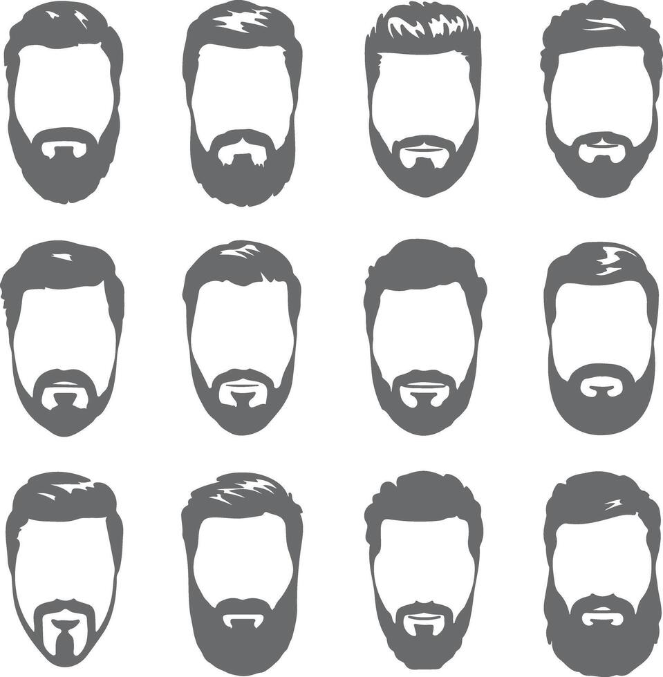 Twelve Gray Silhouettes of Mens Faces Featuring Various Hairstyles and Beard Styles vector