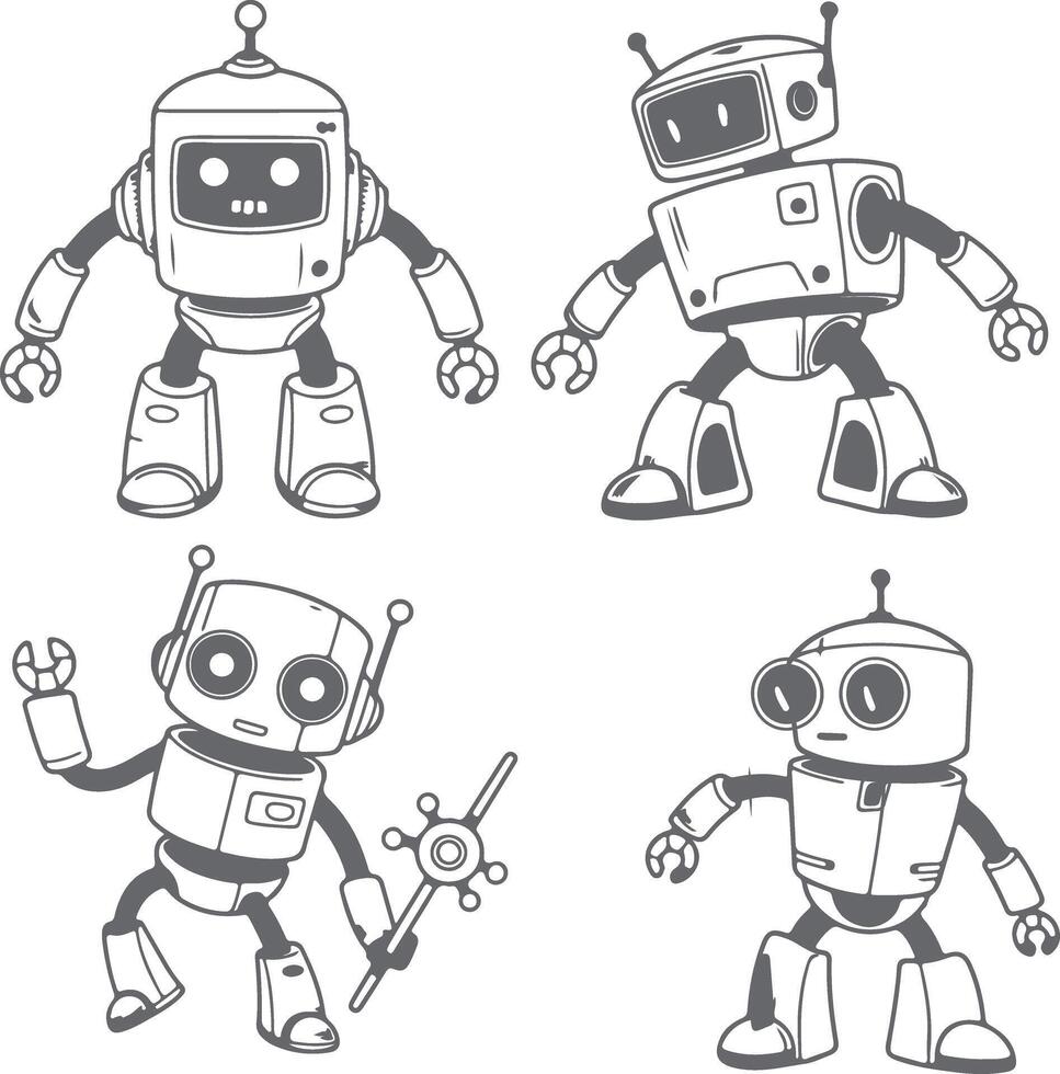 Four Gray Silhouette Robots Cartoon Illustration Set Cute Friendly Characters Design Elements vector
