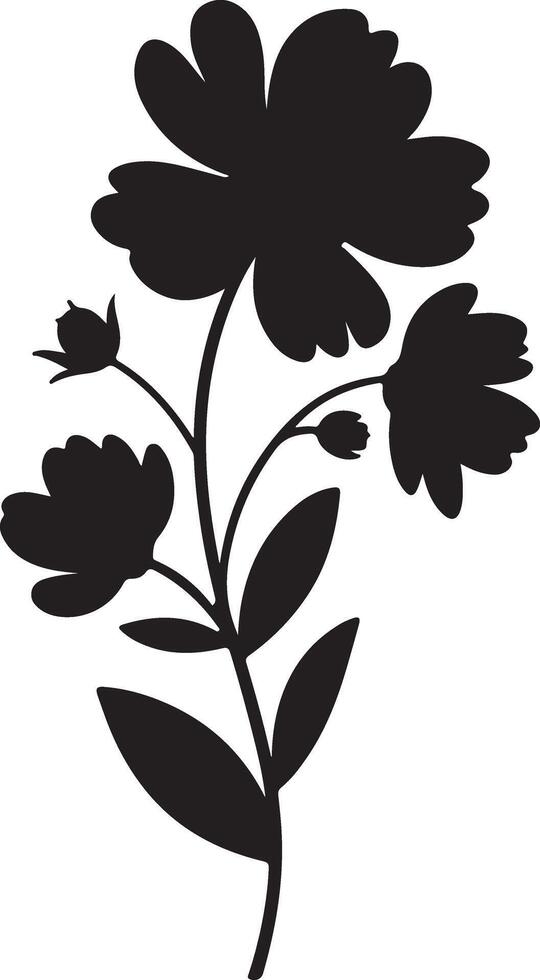 Black Silhouette of a Delicate Flower Stem with Several Blooms and Leaves Simple Botanical Illustration Floral Design Element vector