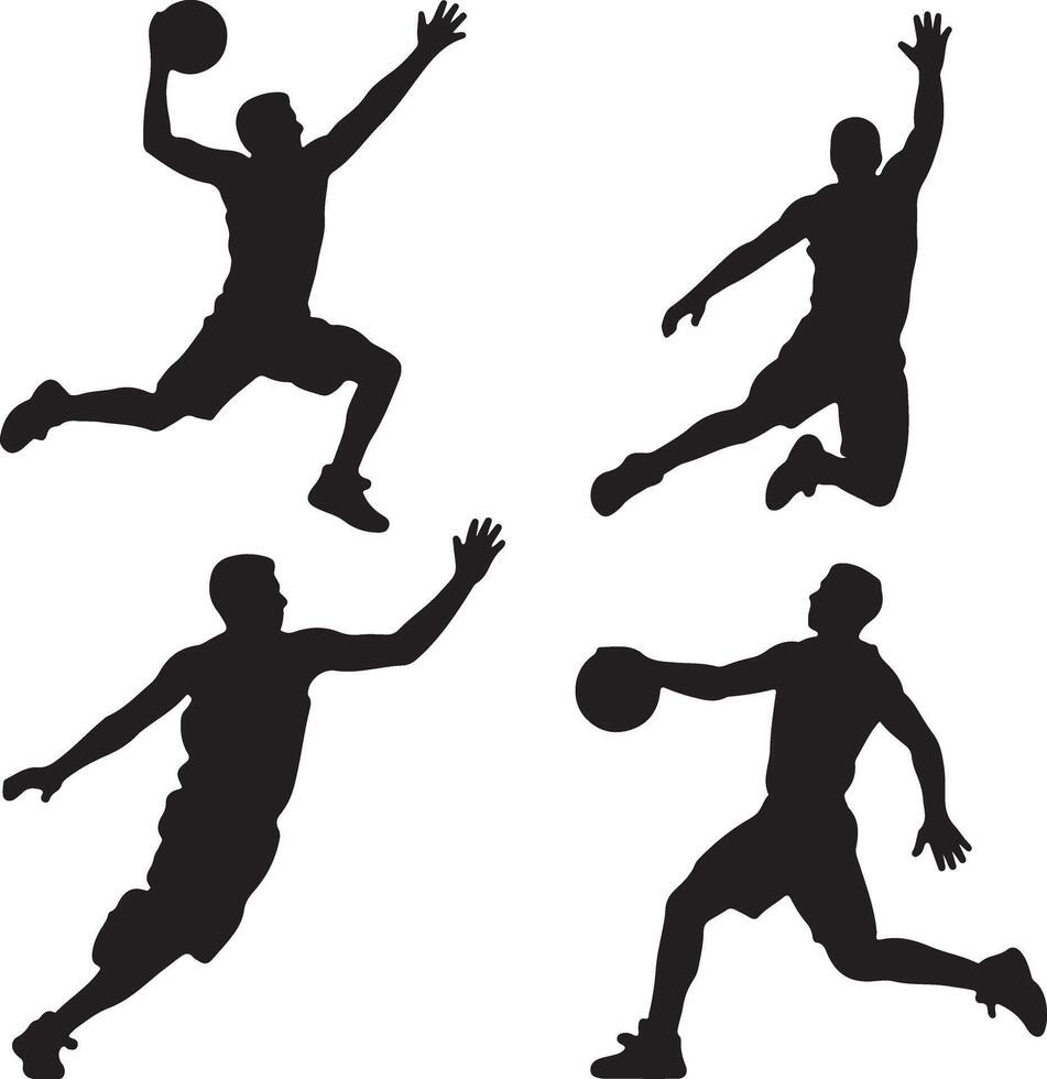 Four Black Silhouettes of Basketball Players Dynamically Posing in Action Shots Showing Leaps and Throws Against a White Background vector