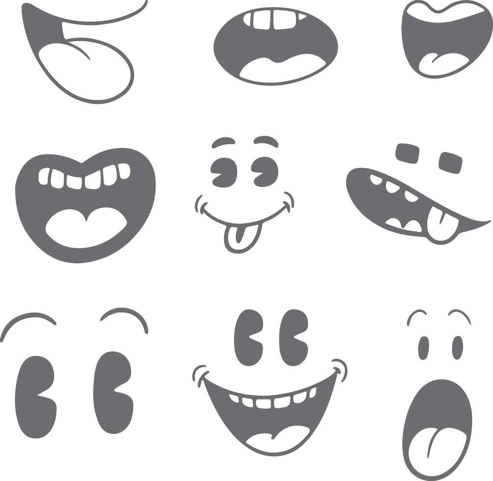 Collection of Gray Cartoon Mouths Eyes and Faces Showing Various Expressions Including Happy Surprised and Silly Silhouettes vector