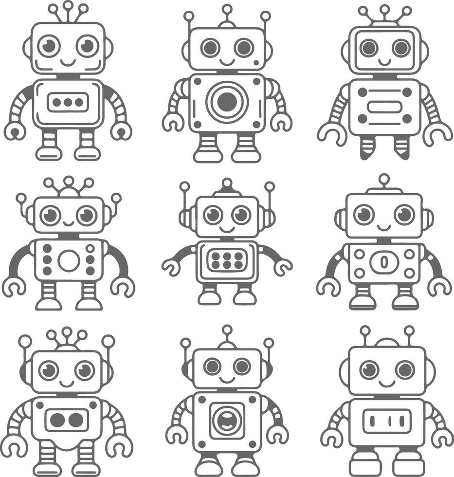 Nine Gray Silhouette Robots Cute Cartoon Characters Friendly Expressions Simple Line Art Design Childrens Illustration Set vector