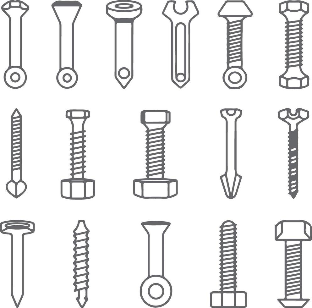 Collection of Gray Silhouette Screw Bolts Nuts and Washers Hardware Fasteners Engineering Design Elements vector