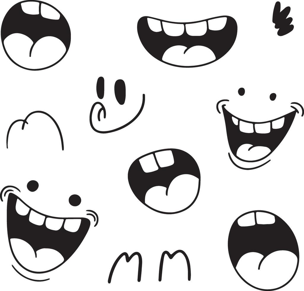 Collection of Cartoon Mouths Silhouettes Black and White Open Smiling Teeth Expressions Hand Drawn Style Funny Faces Illustration vector