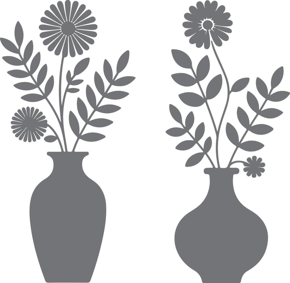 Two Gray Silhouette Flower Arrangements in Vases Simple Floral Design Gray Flowers and Leaves Botanical Illustration vector