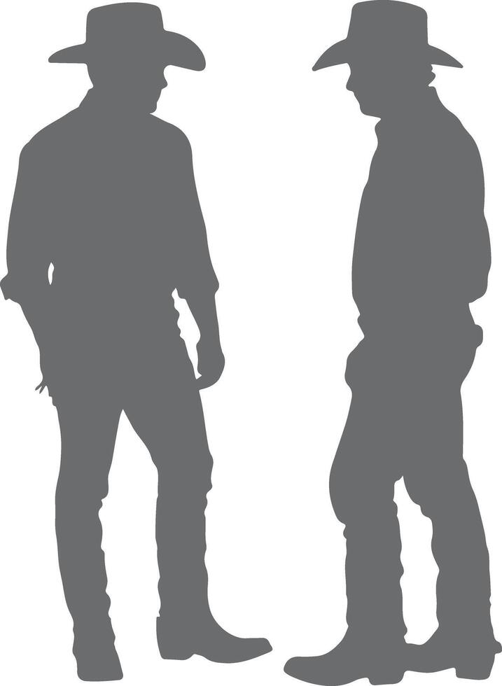Two Gray Silhouettes of Cowboys Wearing Cowboy Hats and Boots Facing Each Other on White Background vector