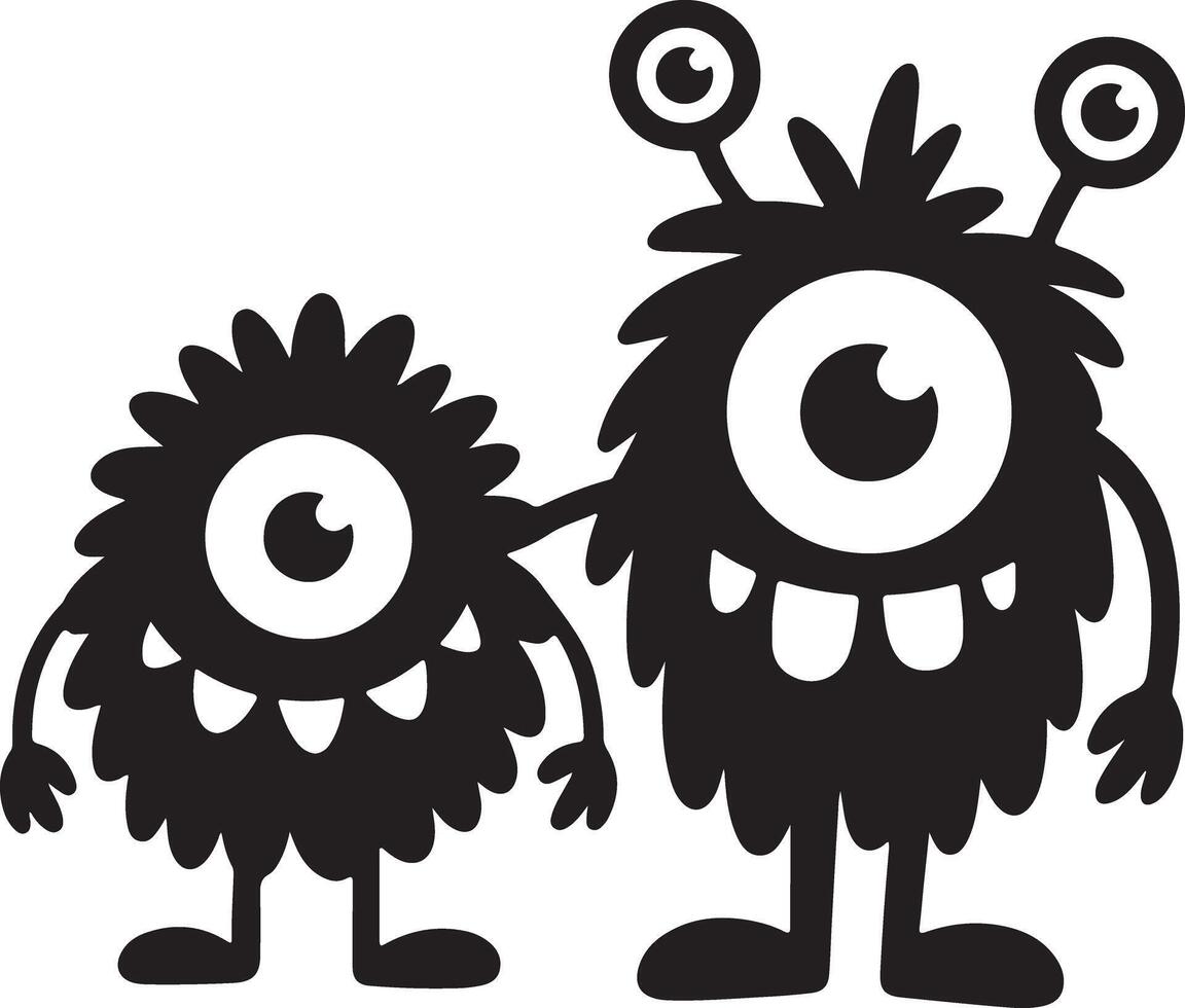 Two Black Silhouette Monsters Holding Hands One Large One Small Cute Cartoon Style Illustration vector