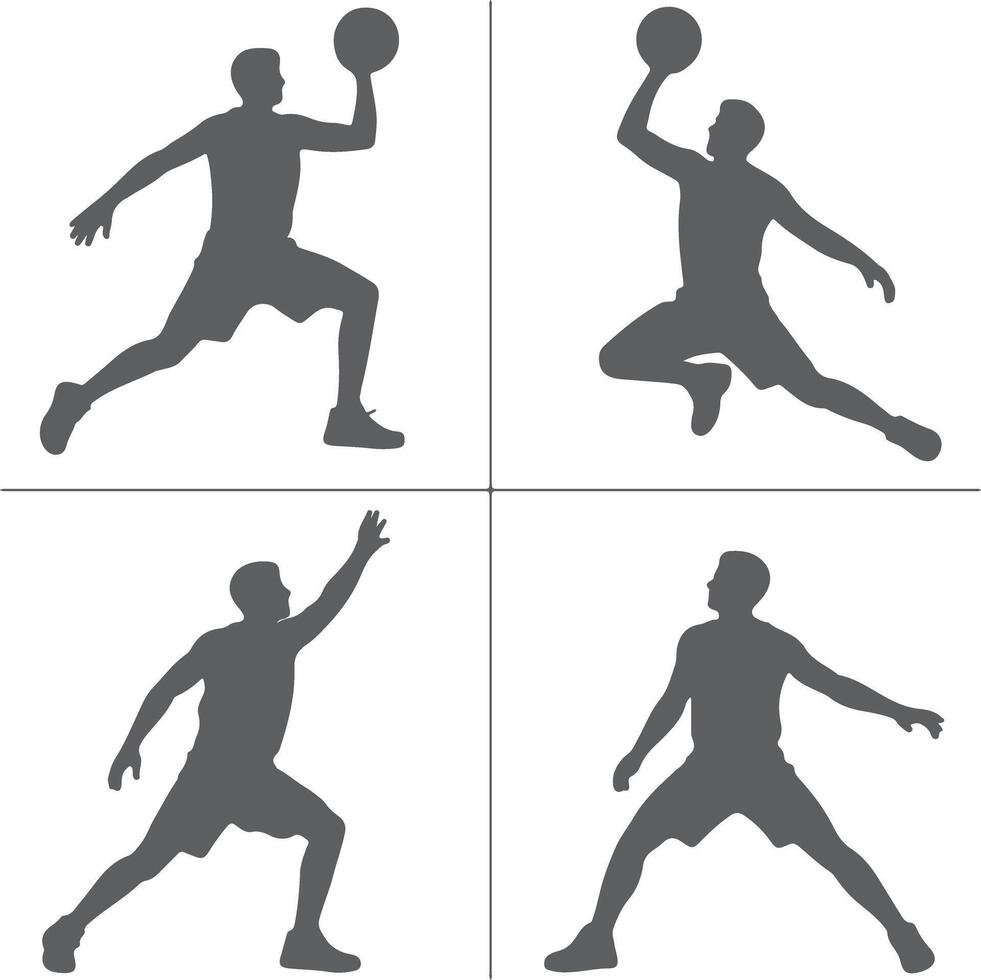 Four Gray Silhouettes of Basketball Players Dynamic Poses Action Sports Game Competition Athleticism vector