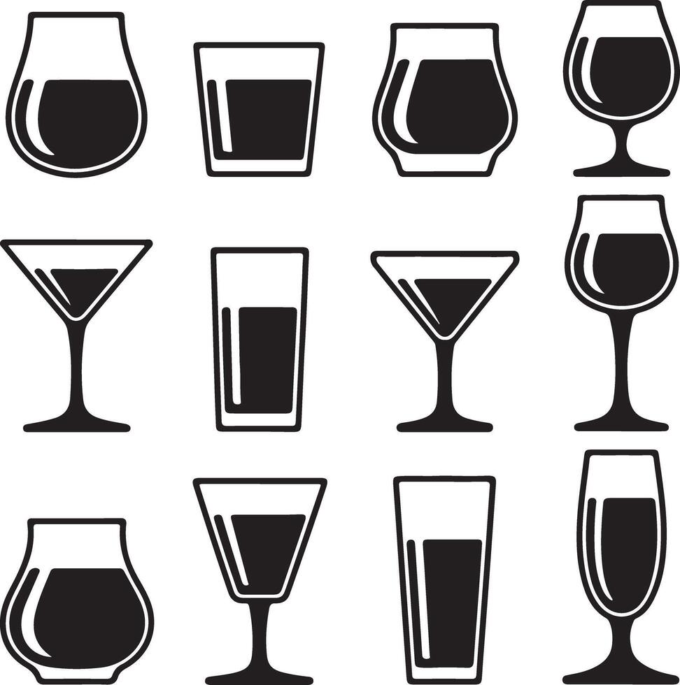 Twelve Black Silhouette Drinkware Icons Set Various Glass Shapes and Sizes Cocktail Martini Tumbler Wine Glass Liquor Beverage Graphics vector