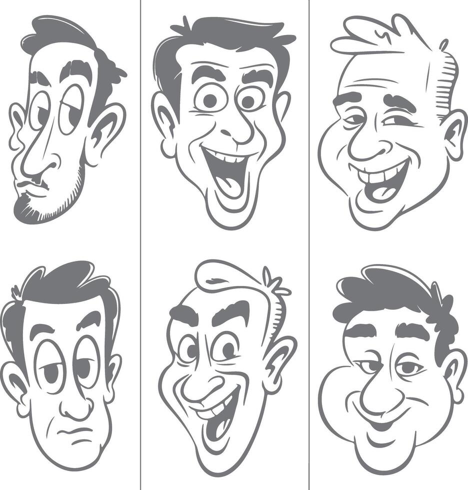 Six Gray Scale Cartoon Male Faces Expressions Set Silhouette Illustrations Happy Sad Serious vector
