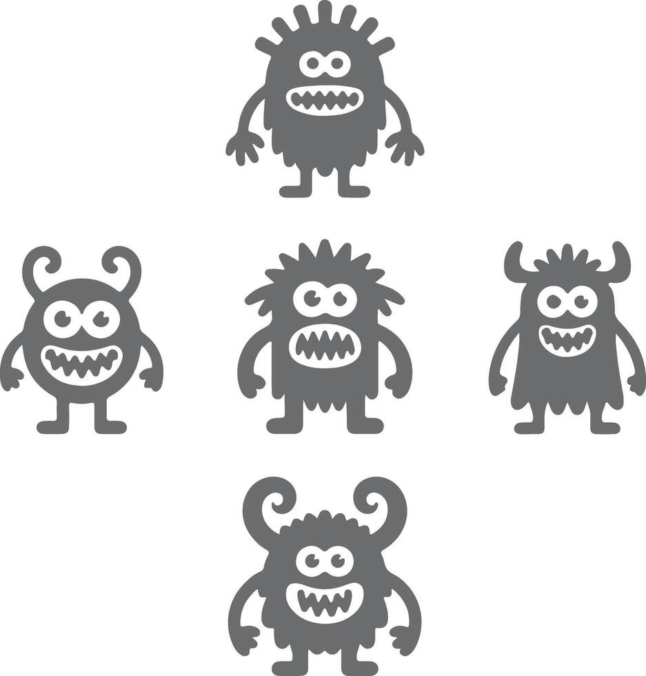Five Gray Cartoon Monster Silhouettes with Varying Hair and Antlers Smiling Faces White Teeth Simple Flat Design Cute Playful Characters vector