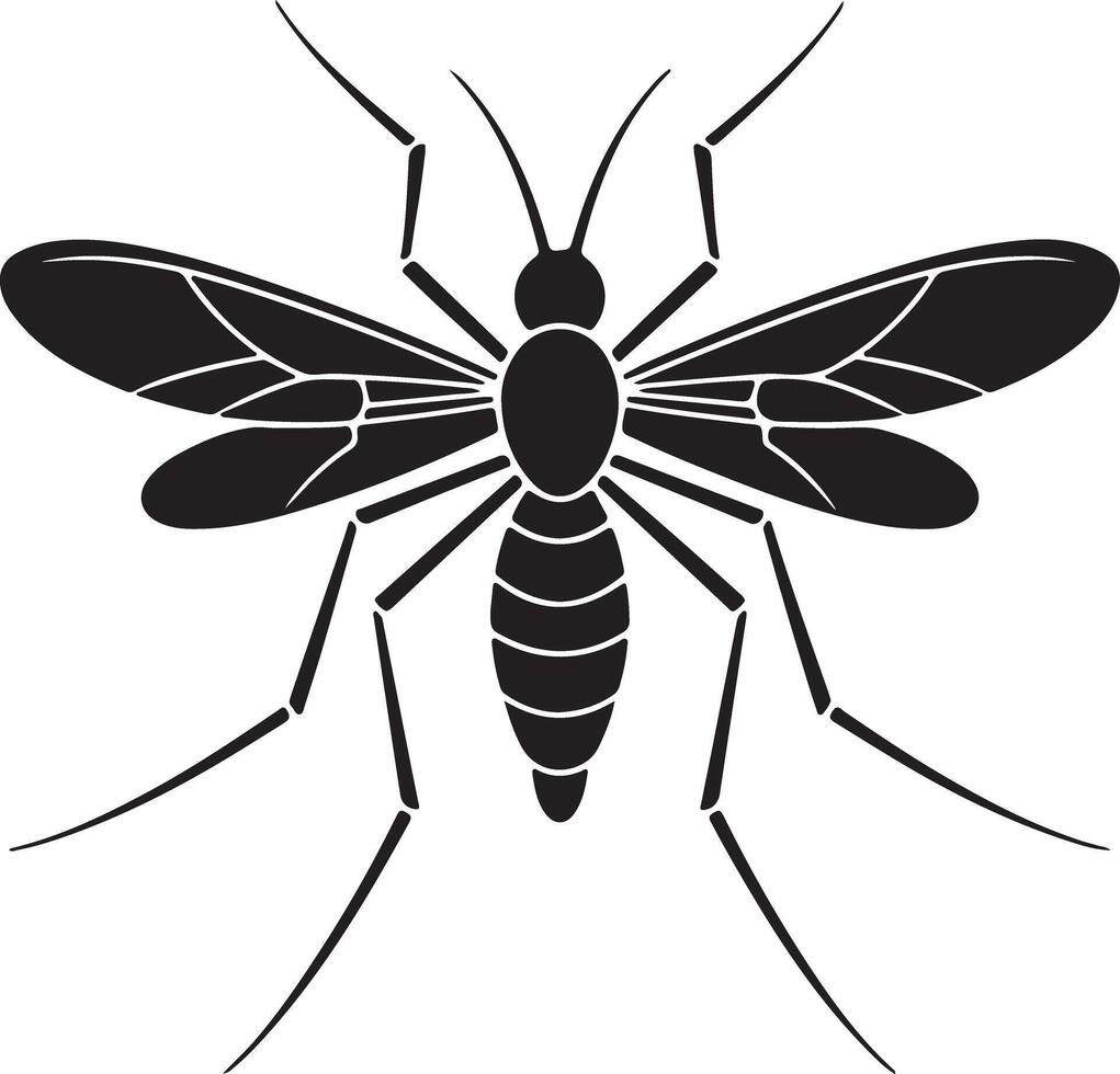 Black Silhouette of a Mosquito Detailed Illustration Showing Wings Legs Body Segments Isolated on White Background vector
