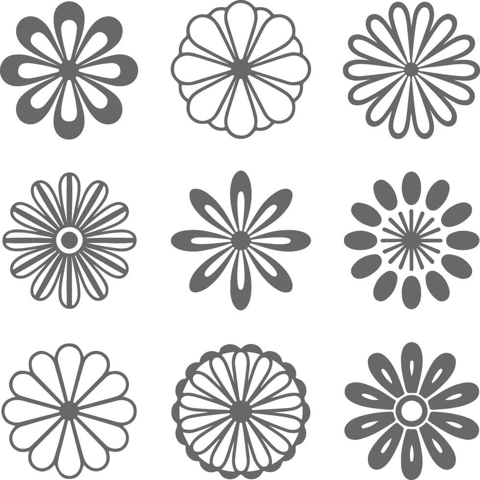 Nine Gray Scale Floral Designs Set Simple Flower Silhouettes Circular Patterns Graphic Elements for Decoration vector