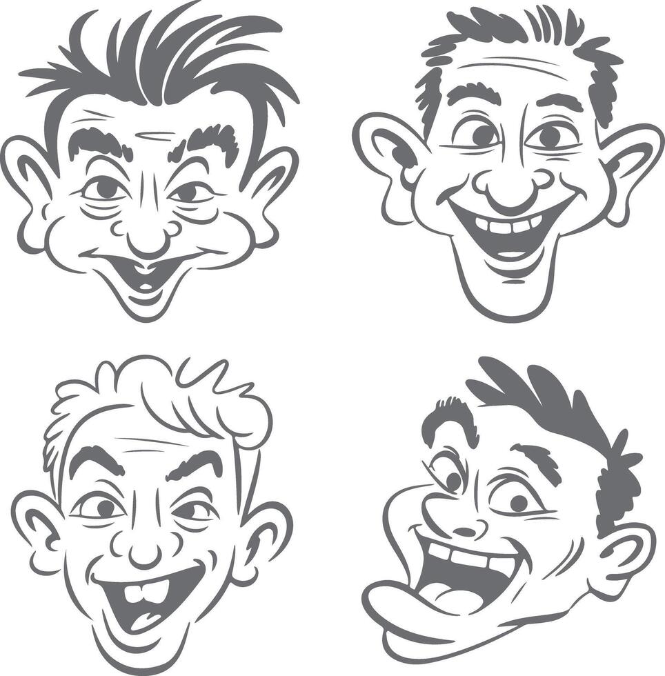 Four Gray Scale Cartoon Silhouettes of Men with Exaggerated Features Showing Wide Open Mouths and Expressive Eyes vector