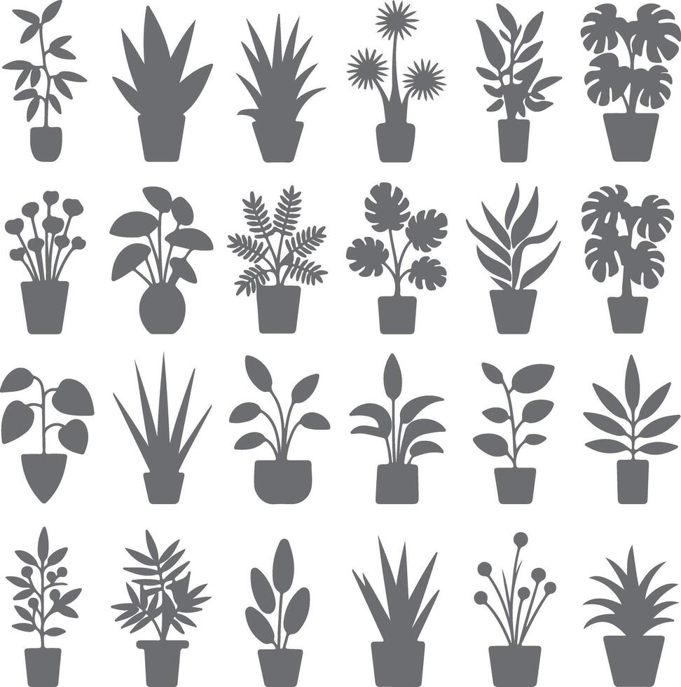 Collection of Twenty Four Gray Silhouette Houseplants in Pots Botanical Illustrations Various Leaf Shapes and Styles Simple Flat Design Home vector