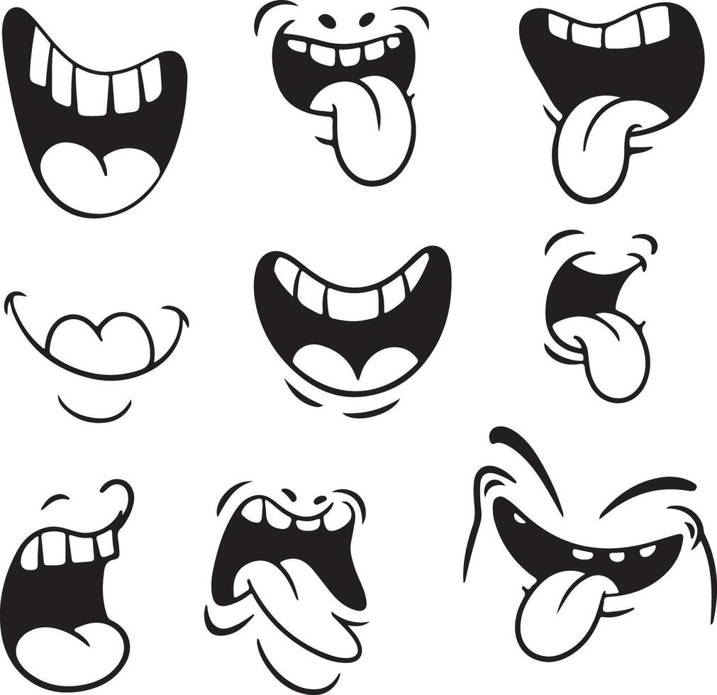 Nine Black and White Cartoon Mouth Silhouettes with Various Expressions Including Open Mouths Showing Teeth Tongues Sticking Out and Closed Lips vector