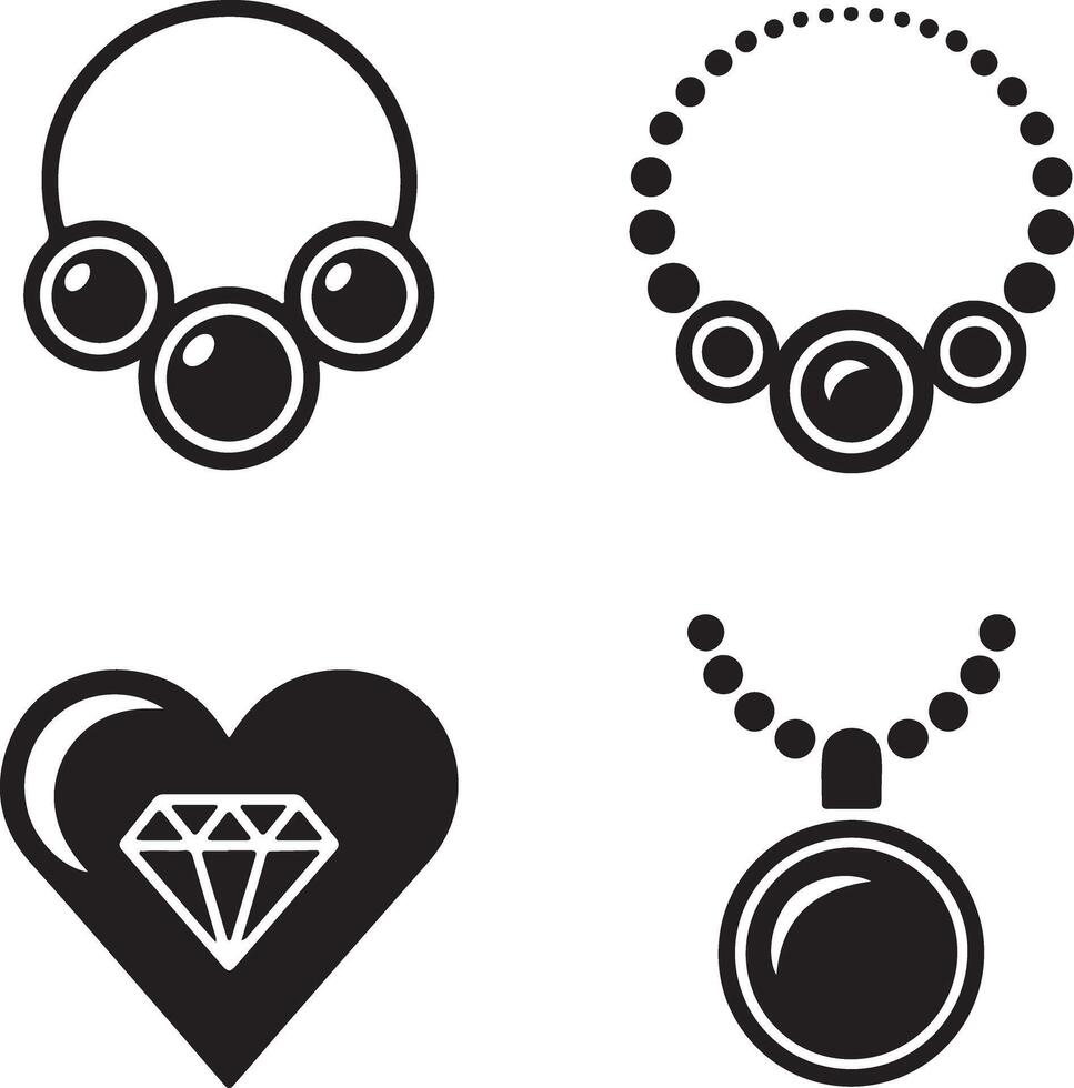 Black Silhouette Set of Jewelry Designs Featuring Necklaces Pendants and a Heart Shaped Diamond vector