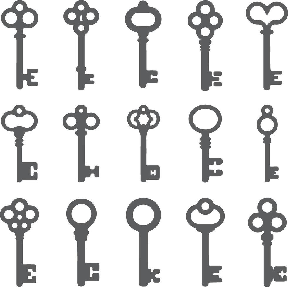 Collection of Fifteen Gray Key Silhouettes Various Antique Key Designs Simple Key Icons Set vector