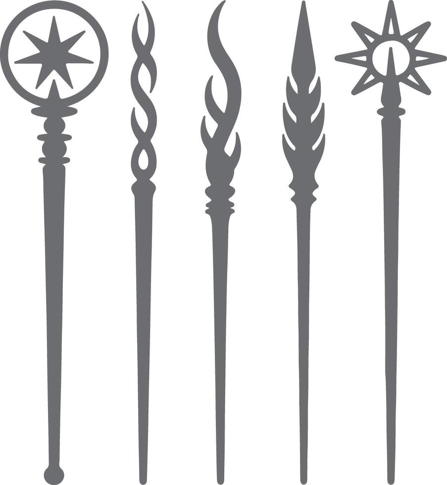 Five Gray Silhouette Wands with Unique Ornate Tops Star Flame Spiral Wheat Point Design Elements Isolated on White Background vector