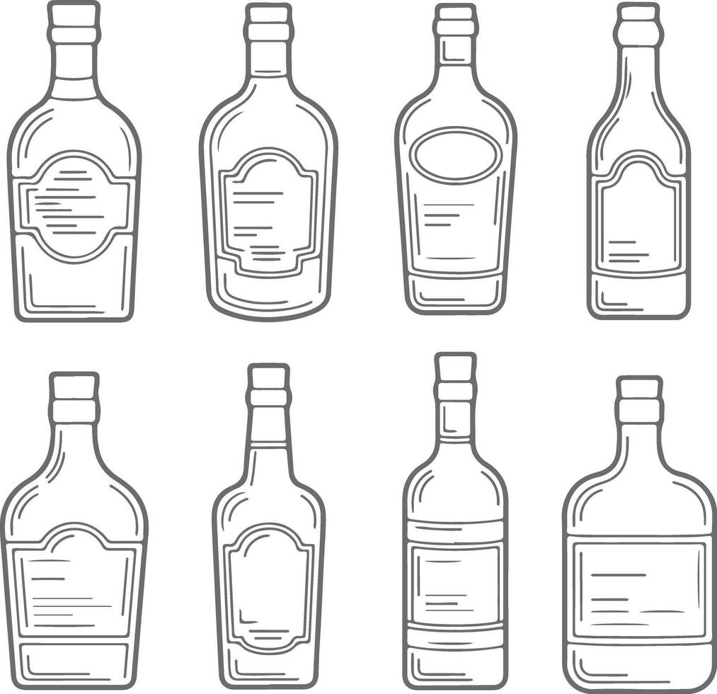 Eight Gray Silhouette Liquor Bottle Illustrations with Blank Labels Various Shapes and Sizes Hand Drawn Style Vintage Design Elements vector
