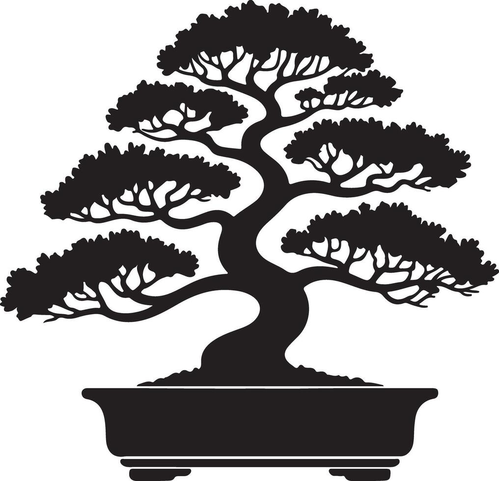 Black Silhouette Bonsai Tree in Rectangular Pot Detailed Branches and Foliage Minimalist Japanese Style Illustration vector
