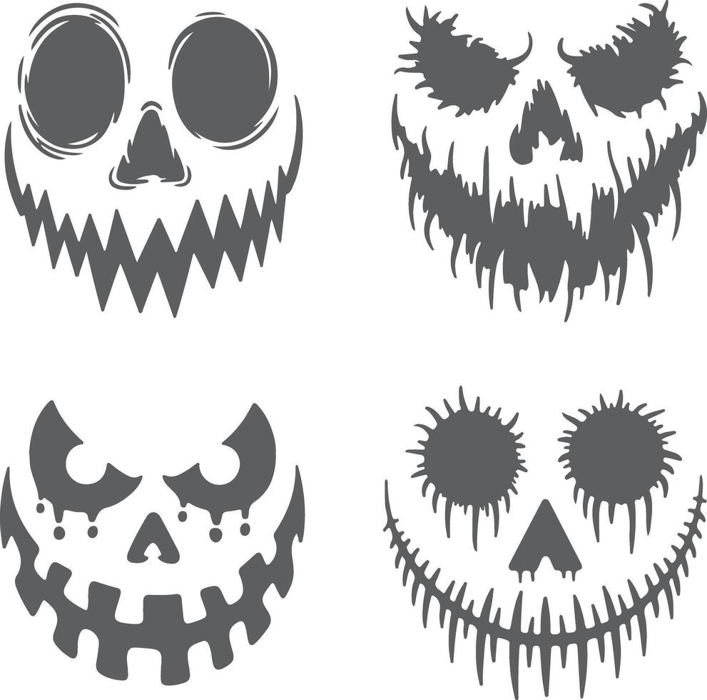 Four Grey Halloween Silhouette Faces Spooky Scary Monster Masks Cartoonish Grunge Style Jackolantern Designs vector