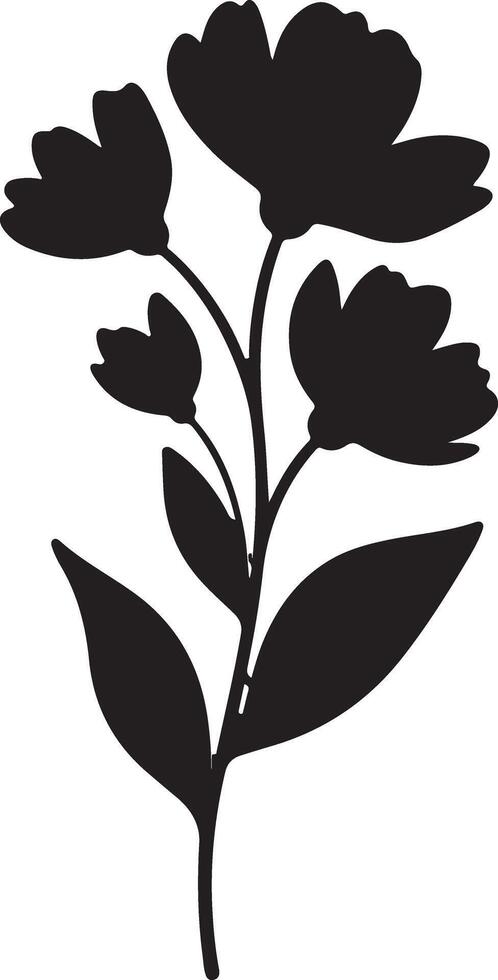 Black Silhouette of a Blooming Flower Plant with Several Petals and Leaves Simple Botanical Illustration Floral Design Element vector