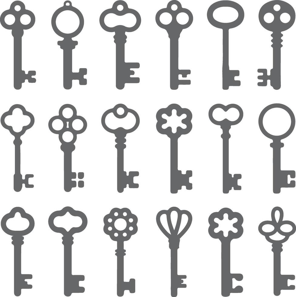 Collection of Gray Key Silhouettes Various Designs Antique Style Key Icons Set of Twenty Different Shaped Keys Illustration vector