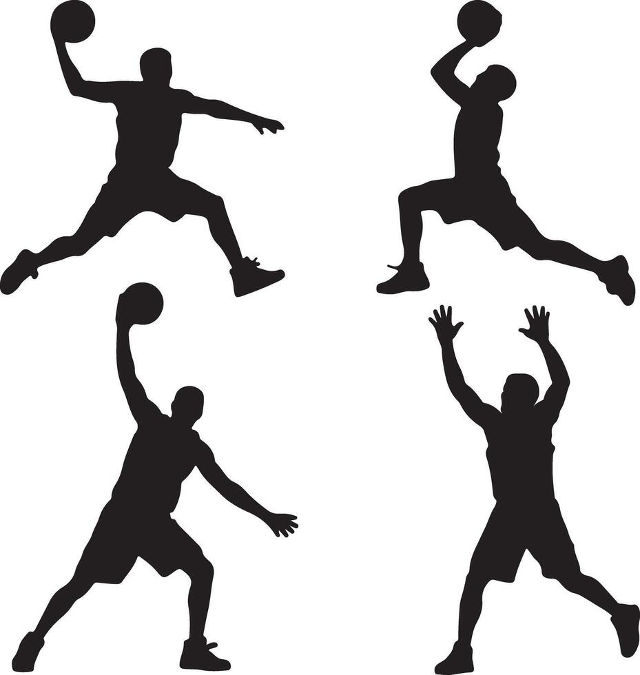 Four Black Silhouettes of Basketball Players Dynamically Posing During a Game Action Shots Silhouette Collection vector