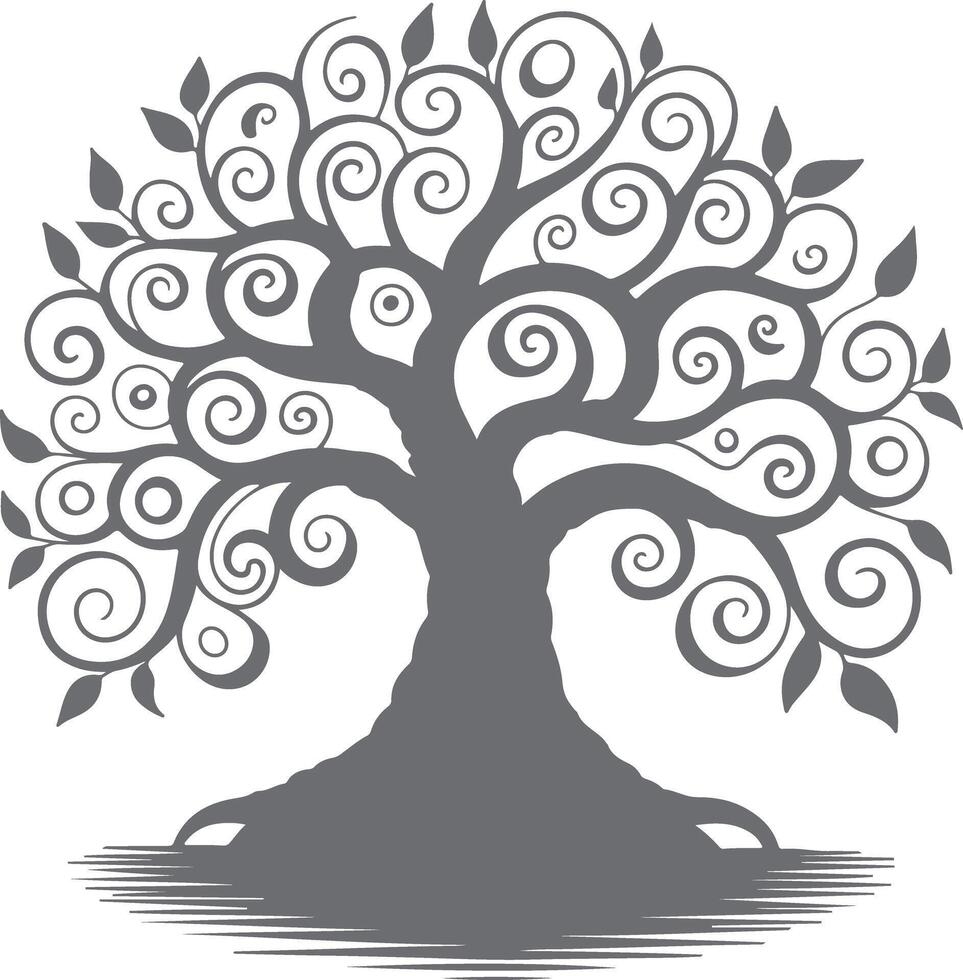 Grey Silhouette of a Stylized Tree with Swirling Branches and Leaves on White Background vector