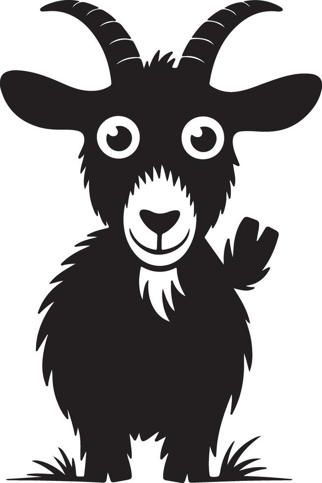 Black Silhouette of a Friendly Cartoon Goat Waving with Large Eyes and Horns Standing in Simple Grass vector