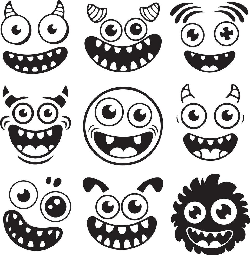 Nine playful black and white monster faces cartoon style illustrations featuring various expressions large eyes horns and textured fur vector