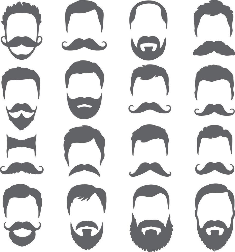 Collection of Gray Silhouette Icons Depicting Various Mens Hairstyles Mustaches and Beards on White Background vector