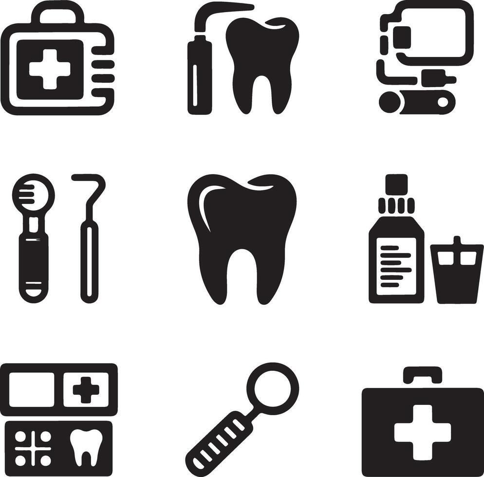 Nine Black Silhouette Icons Depicting Dental and Medical Tools and Equipment Including Tooth Silhouette X Ray and First Aid Kit vector