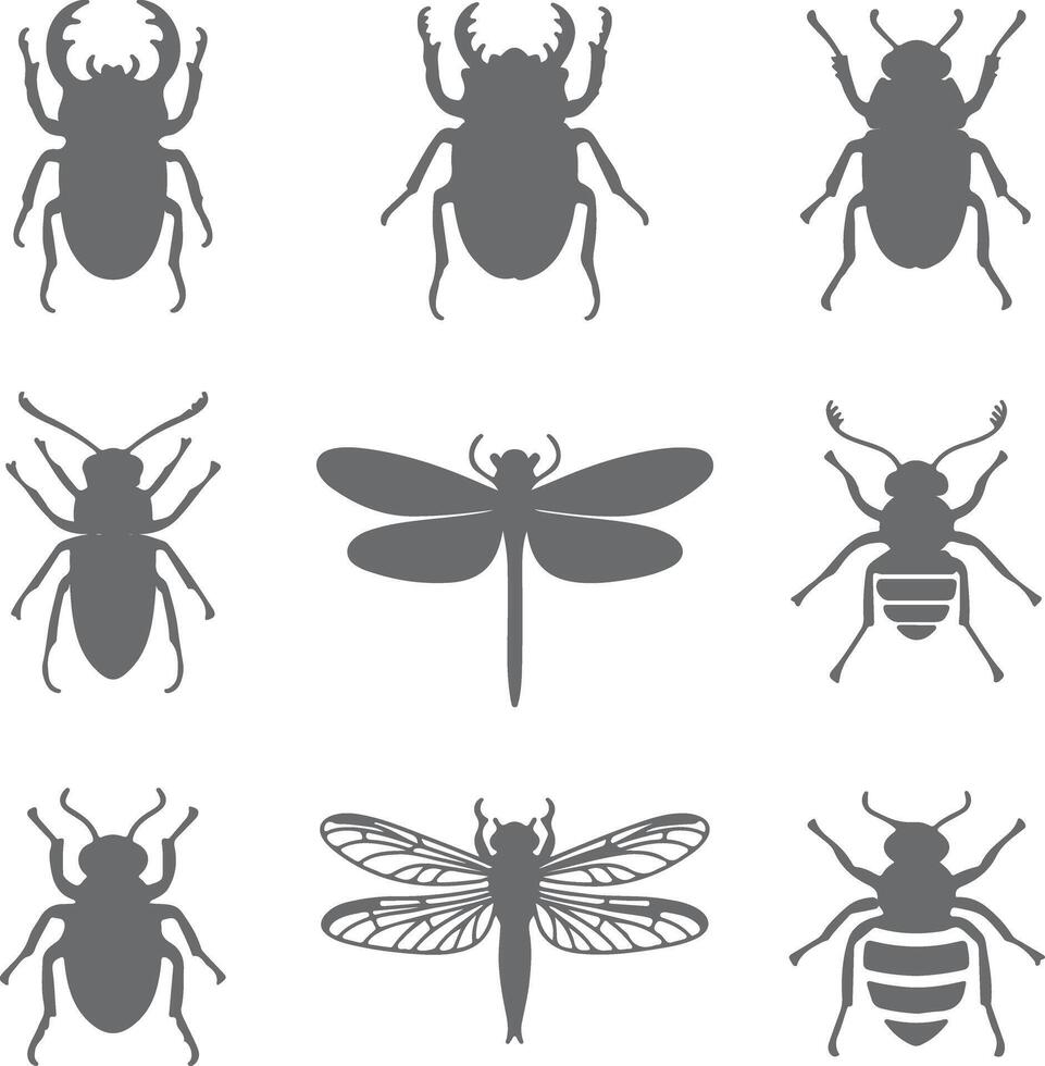 Nine Gray Insect Silhouettes Stag Beetle Dragonfly Bee Collection Nature Wildlife Graphic Design Elements vector